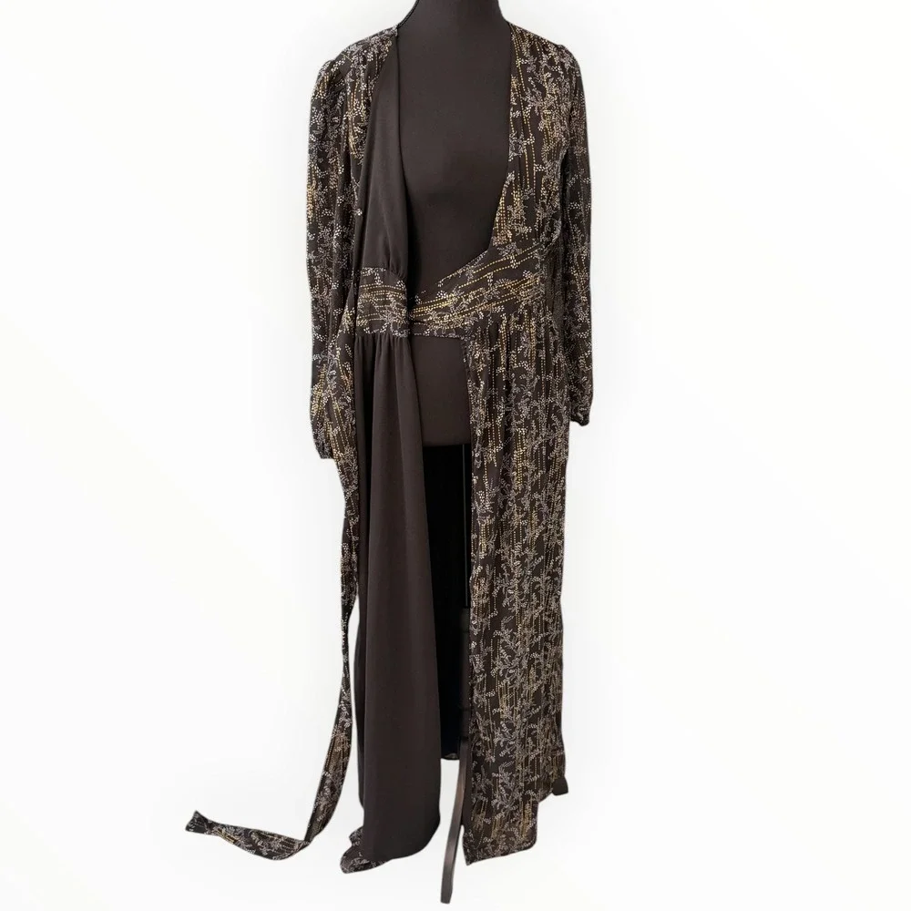 BTFL‑Life Black Gold Metallic Floral Wrap Maxi Dress Long Sleeve Slit Size Small